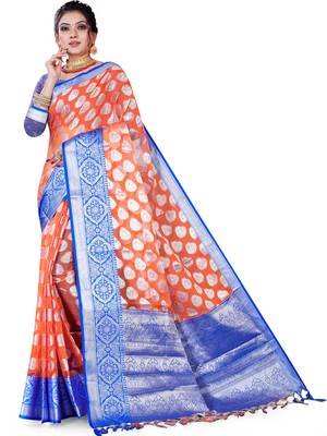 Orange Woven Organza Saree With Blouse 1