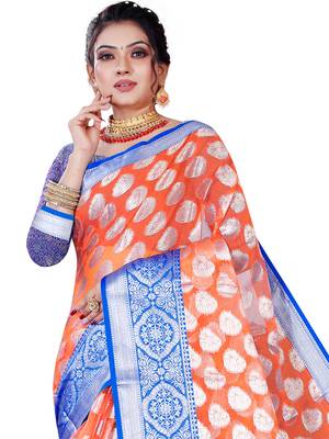 Orange Woven Organza Saree With Blouse 2