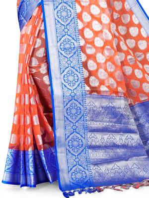 Orange Woven Organza Saree With Blouse 3