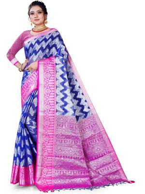 Navy blue woven organza saree with blouse 1