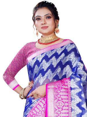 Navy blue woven organza saree with blouse 2