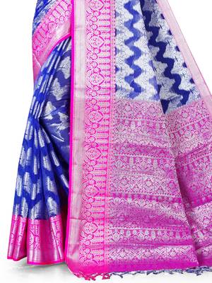 Navy blue woven organza saree with blouse 3