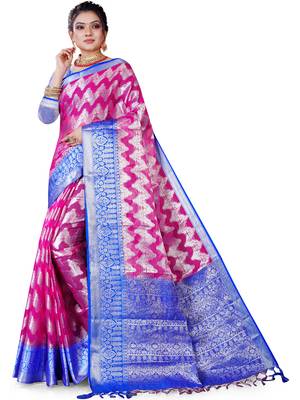 Pink woven organza saree with blouse 1