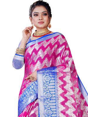 Pink woven organza saree with blouse 2