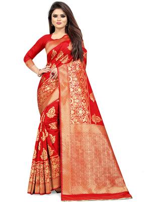 Red woven silk blend saree with blouse 1