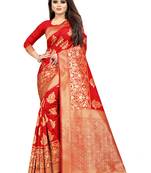 Red woven silk blend saree with blouse
