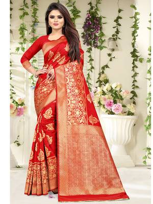 Red woven silk blend saree with blouse 2