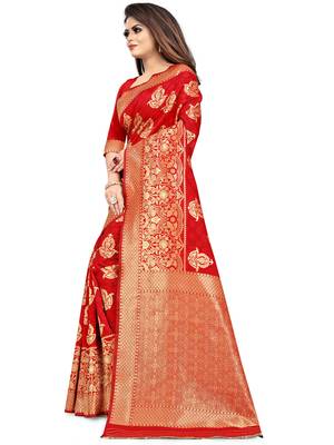 Red woven silk blend saree with blouse 3