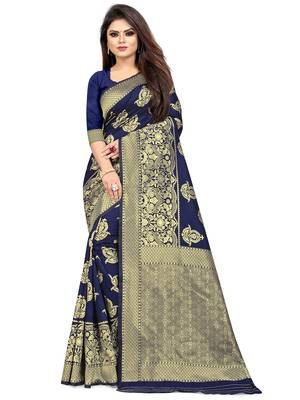 Navy Blue Woven Silk Blend Saree With Blouse 1