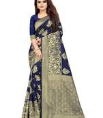 Navy Blue Woven Silk Blend Saree With Blouse