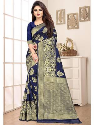 Navy Blue Woven Silk Blend Saree With Blouse 2