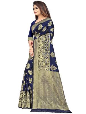 Navy Blue Woven Silk Blend Saree With Blouse 3