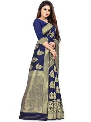 Navy Blue Woven Silk Blend Saree With Blouse 4