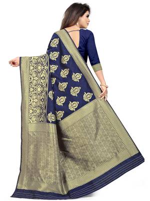 Navy Blue Woven Silk Blend Saree With Blouse 5