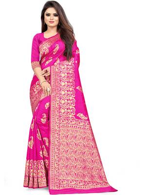 Pink Woven Silk Blend Saree With Blouse 1