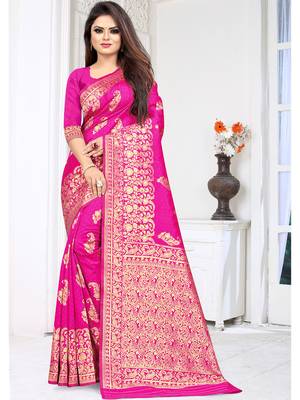 Pink Woven Silk Blend Saree With Blouse 2