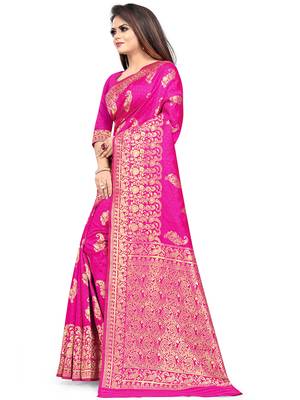 Pink Woven Silk Blend Saree With Blouse 3