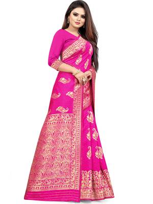Pink Woven Silk Blend Saree With Blouse 4