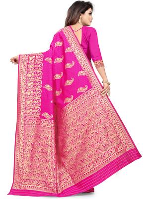 Pink Woven Silk Blend Saree With Blouse 5