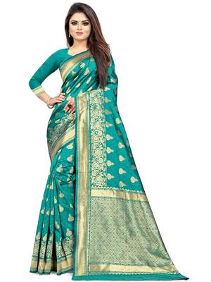 Sea Green Woven Silk Blend Saree With Blouse 1