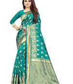 Sea Green Woven Silk Blend Saree With Blouse