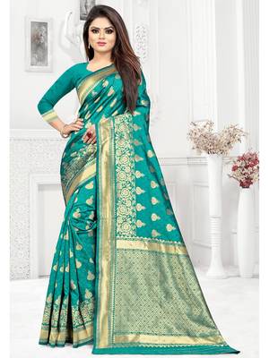 Sea Green Woven Silk Blend Saree With Blouse 2
