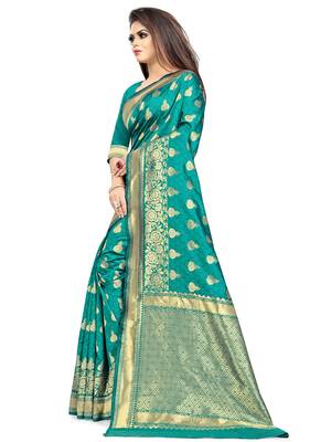 Sea Green Woven Silk Blend Saree With Blouse 3