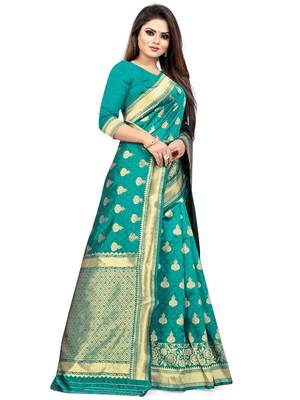 Sea Green Woven Silk Blend Saree With Blouse 4
