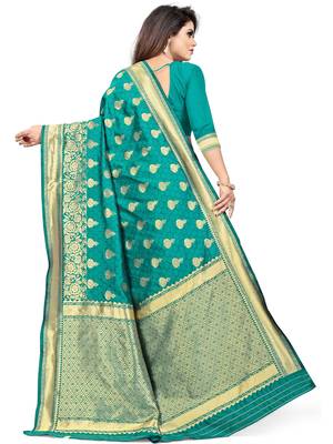 Sea Green Woven Silk Blend Saree With Blouse 5