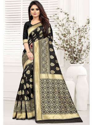 Black Woven Silk Blend Saree With Blouse 2