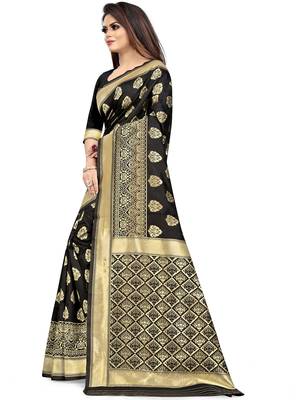Black Woven Silk Blend Saree With Blouse 3