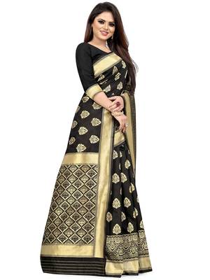 Black Woven Silk Blend Saree With Blouse 4