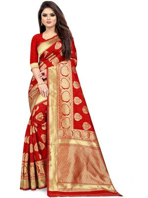 Red woven silk blend saree with blouse 1