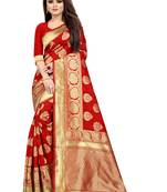 Red woven silk blend saree with blouse