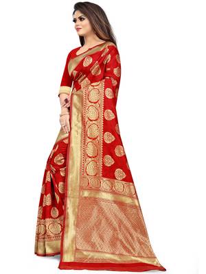 Red woven silk blend saree with blouse 3