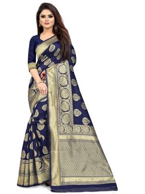 Navy Blue Woven Silk Blend Saree With Blouse 1