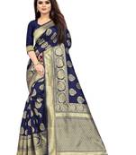 Navy Blue Woven Silk Blend Saree With Blouse