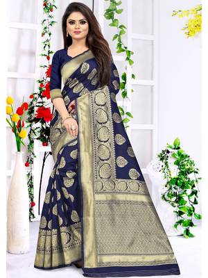 Navy Blue Woven Silk Blend Saree With Blouse 2