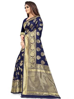 Navy Blue Woven Silk Blend Saree With Blouse 3