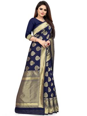 Navy Blue Woven Silk Blend Saree With Blouse 4