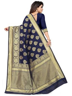 Navy Blue Woven Silk Blend Saree With Blouse 5