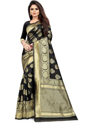 Black Woven Silk Blend Saree With Blouse 1