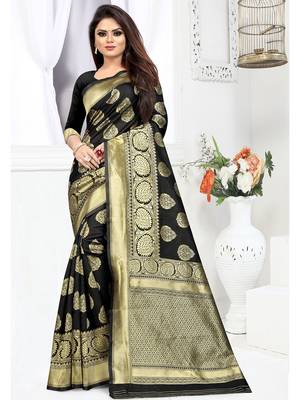 Black Woven Silk Blend Saree With Blouse 2