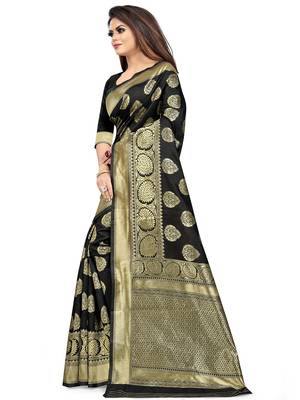 Black Woven Silk Blend Saree With Blouse 3