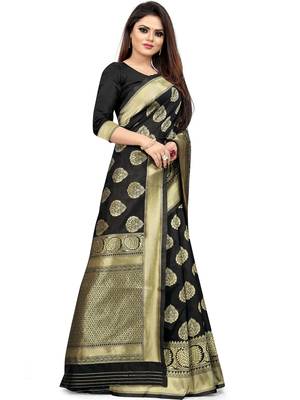 Black Woven Silk Blend Saree With Blouse 4