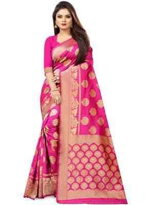 Pink Woven Silk Blend Saree With Blouse 1