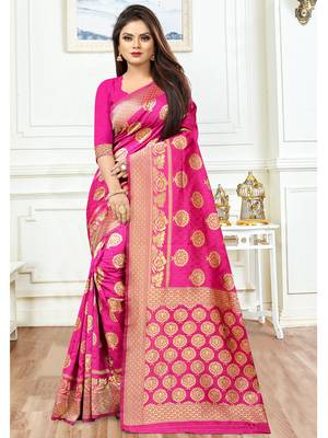 Pink Woven Silk Blend Saree With Blouse 2