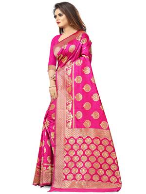 Pink Woven Silk Blend Saree With Blouse 3