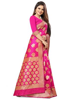 Pink Woven Silk Blend Saree With Blouse 4