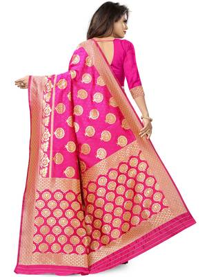 Pink Woven Silk Blend Saree With Blouse 5
